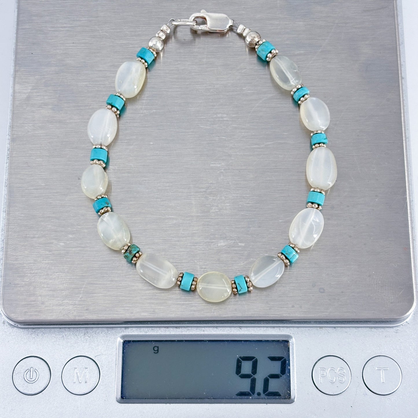 Vintage Sterling Silver 925 Moonstone Turquoise Beaded Bracelet 7.5"