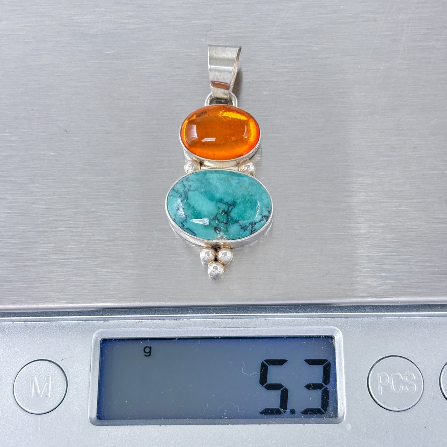 Estate Sterling Silver 925 Orange Glass & Turquoise Pendant