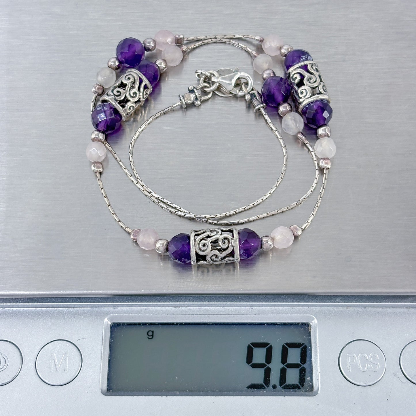 Vintage Sterling Silver 925 Amethyst Rose Quartz Necklace 16"