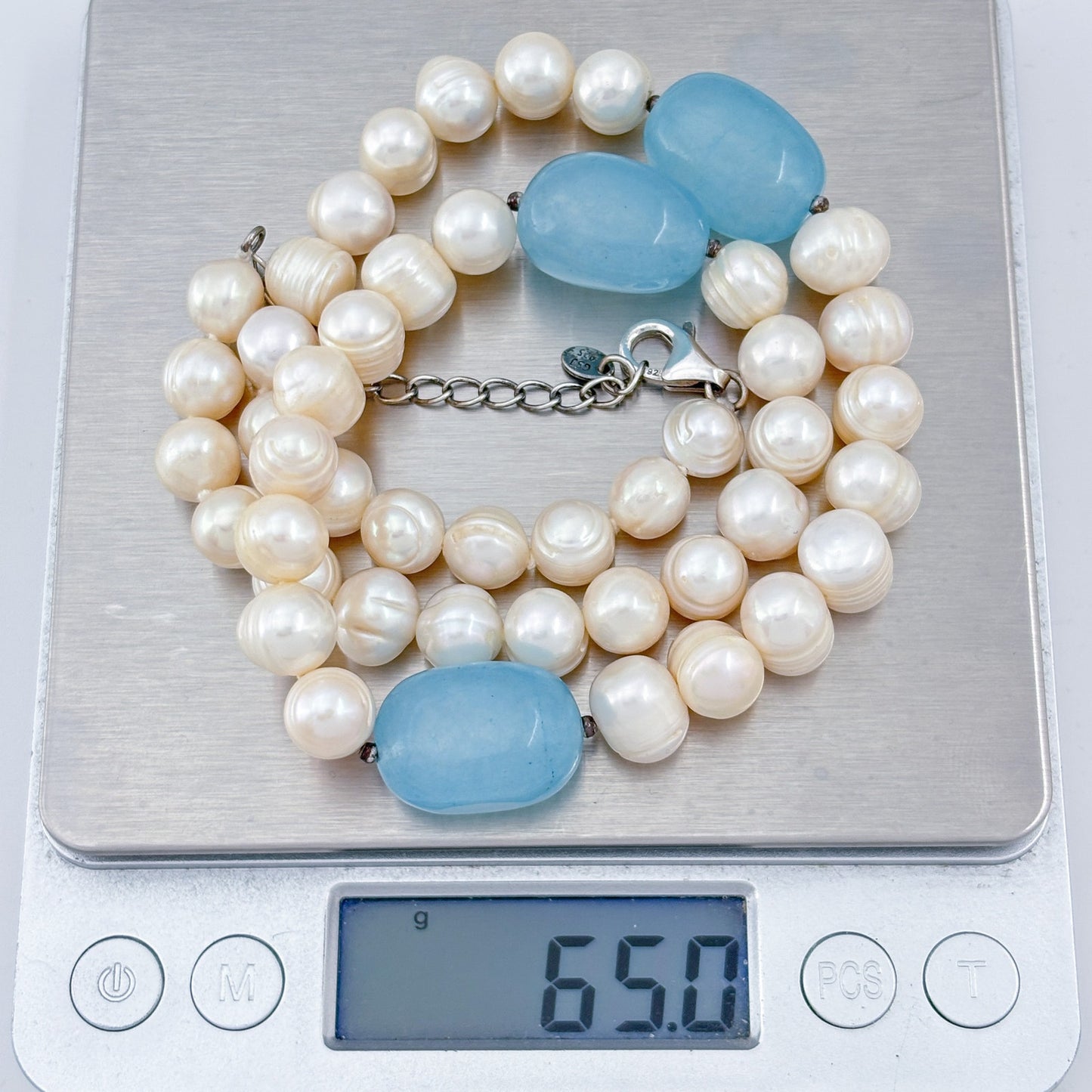 Vintage Sterling Silver 925 Pearl Milky Aquamarine Necklace 18"-20.5"