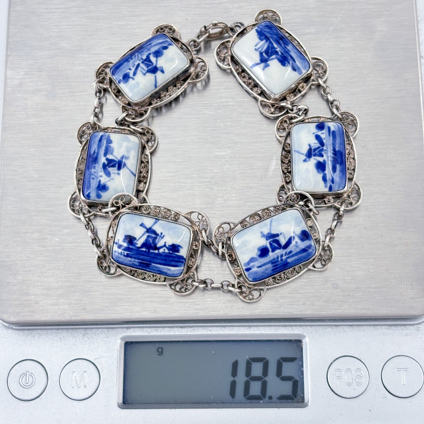 Vintage Delft Holland Sterling Silver 925 Porcelain Bracelet 7.5"