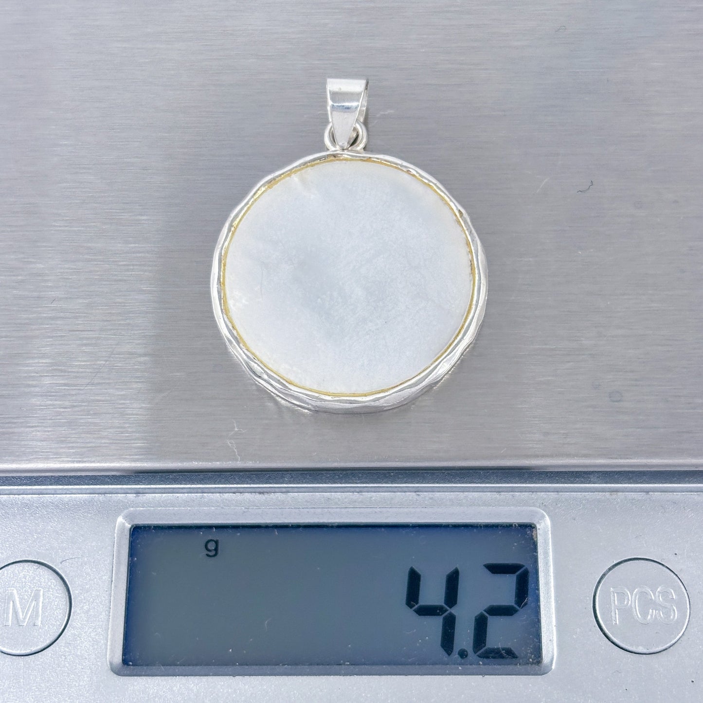 Vintage Sterling Silver 925 Mother of Pearl Disk Pendant