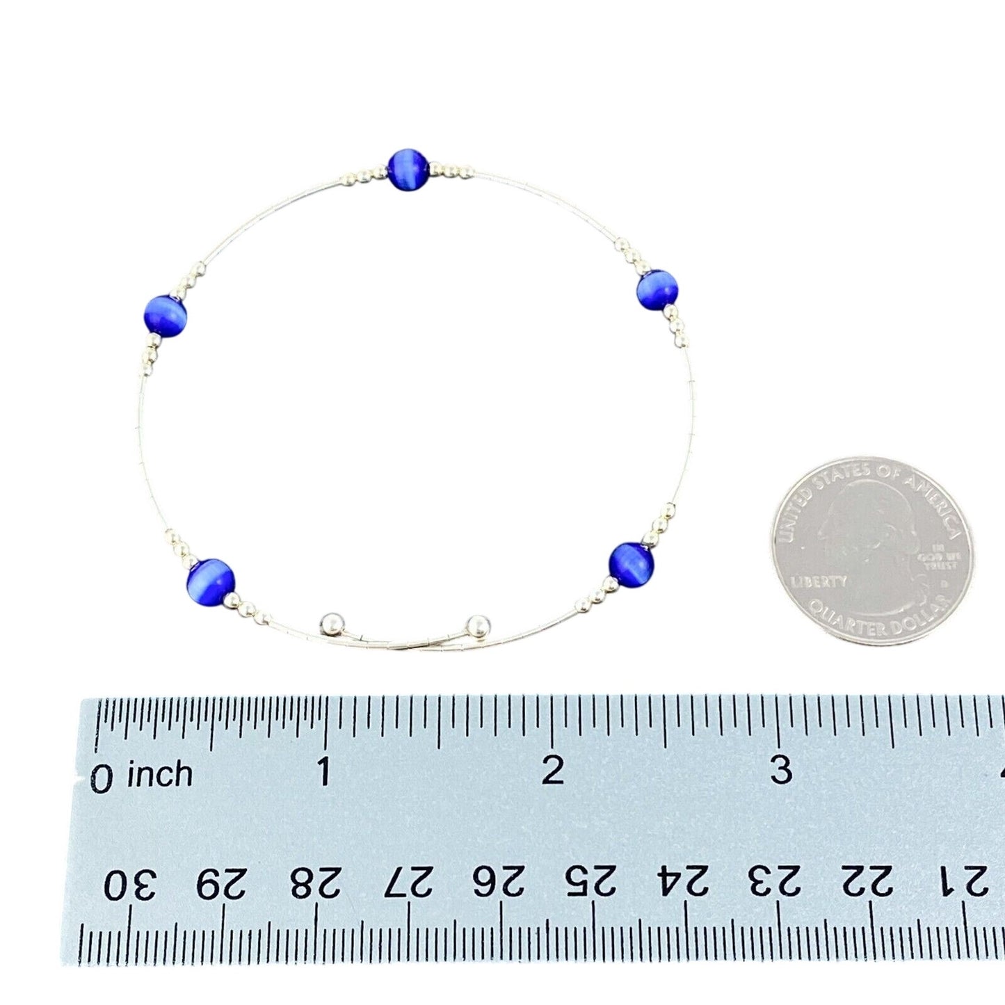 Vintage Sterling Silver 925 Blue Cat’s Eye Memory Wire Bracelet 7.5"