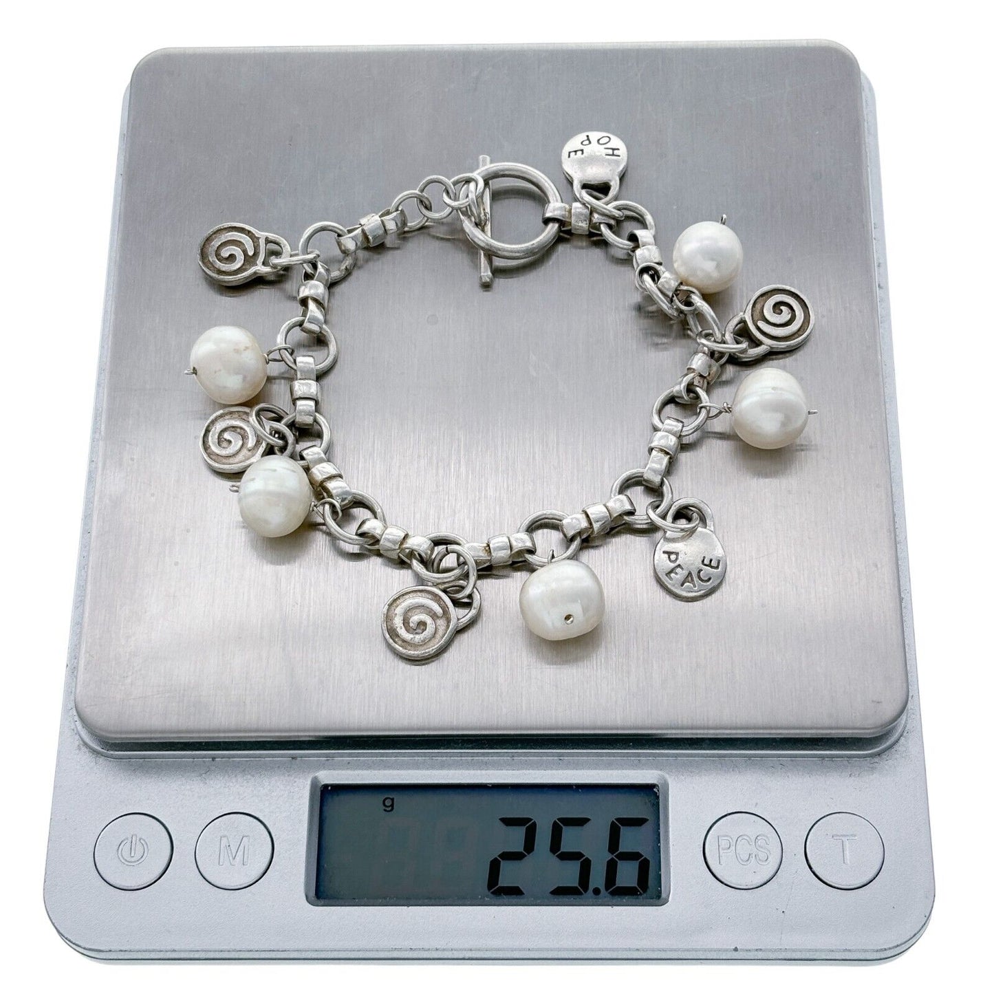 Vintage Sterling Silver 925 Pearls and Spiral Inspirational Charm Bracelet 7.25"