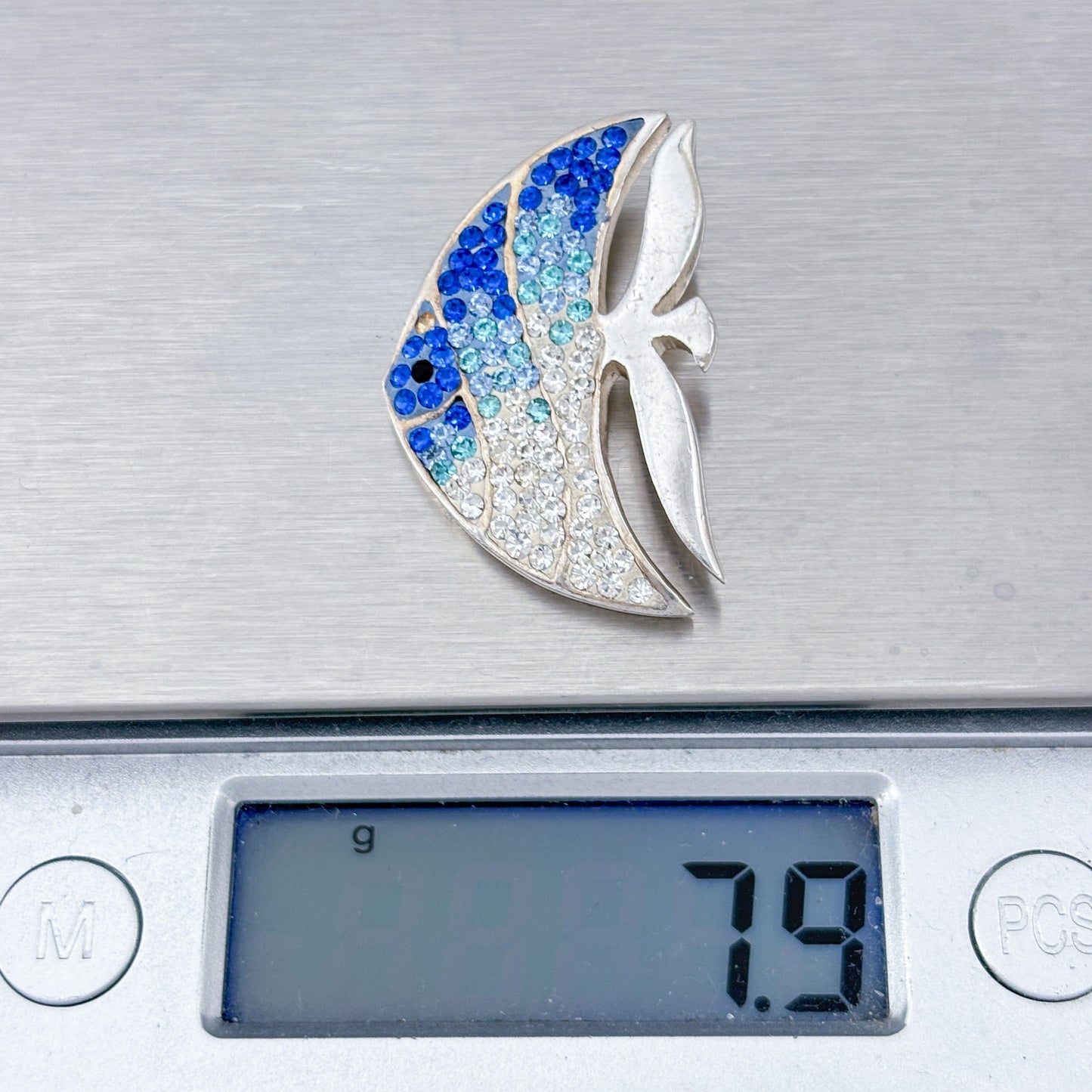 Vintage Sterling Silver 925 Blue Crystal Fish Pendant