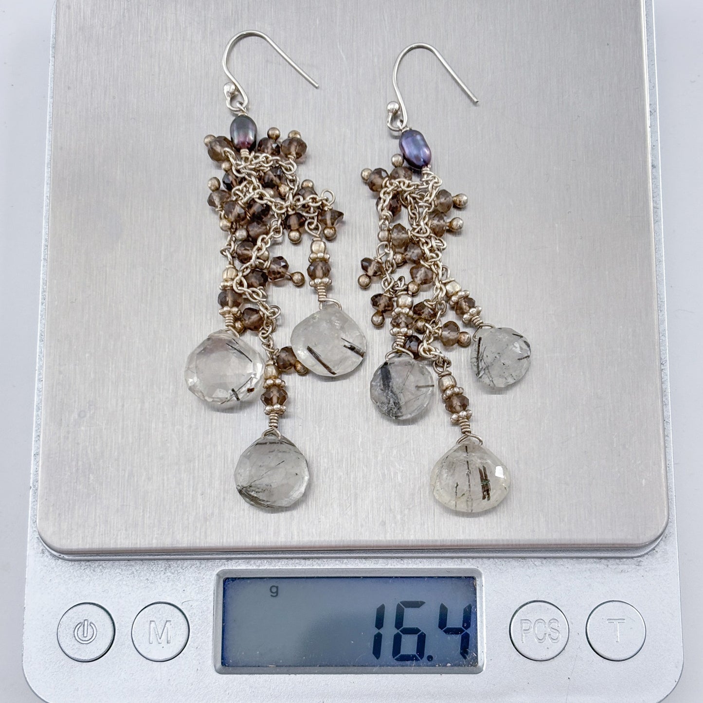 Vintage Sterling Silver 925 Rutilated Smoky Quartz Pearl Dangle Earrings