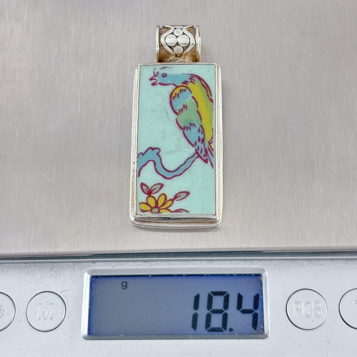 Vintage Sterling Silver 925 Porcelain Bird Pendant