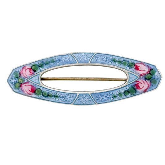Antique Edwardian Sterling Silver 925 Blue Floral Guilloche Brooch