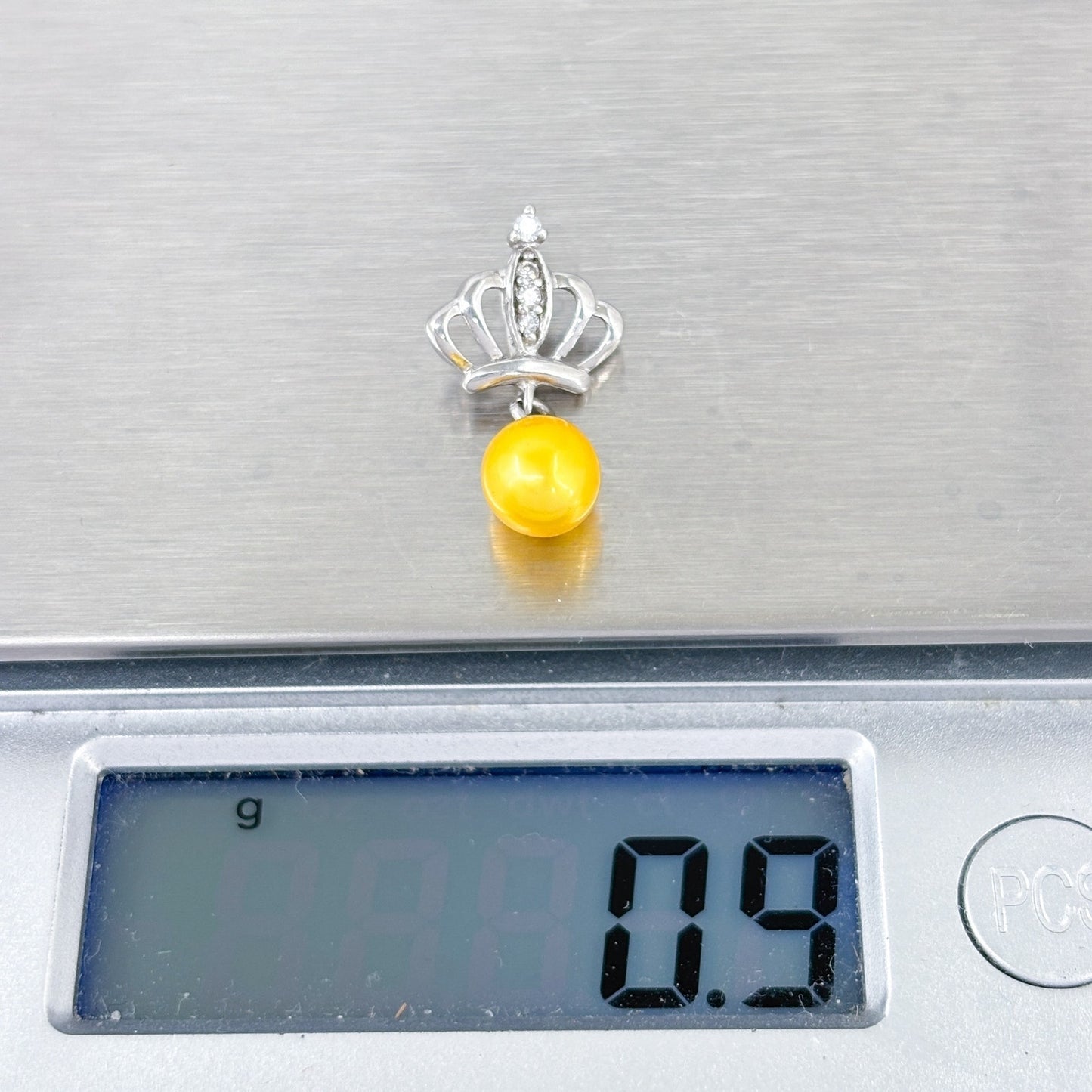 Vintage Sterling Silver 925 Yellow Pearl Dangle Cubic Zirconia Crown Pendant