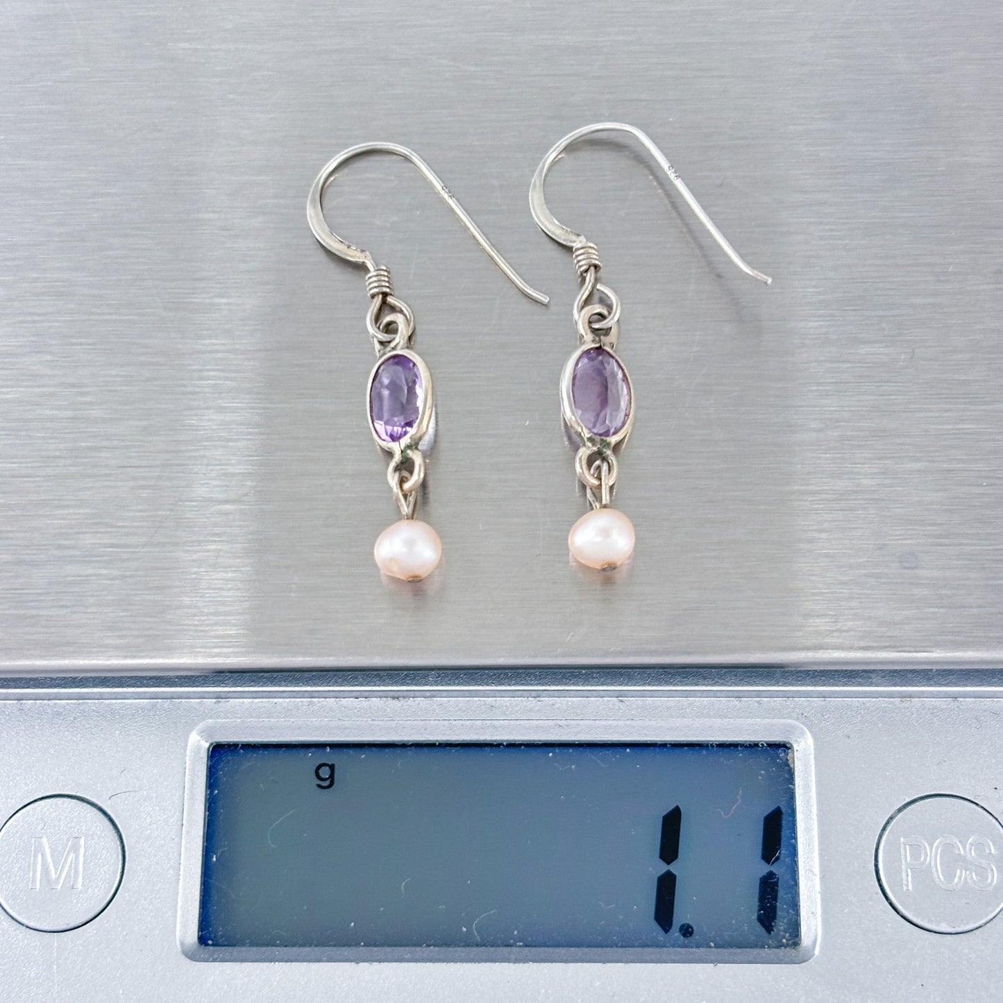 Vintage Sterling Silver 925 Amethyst Pearl Drop Earrings