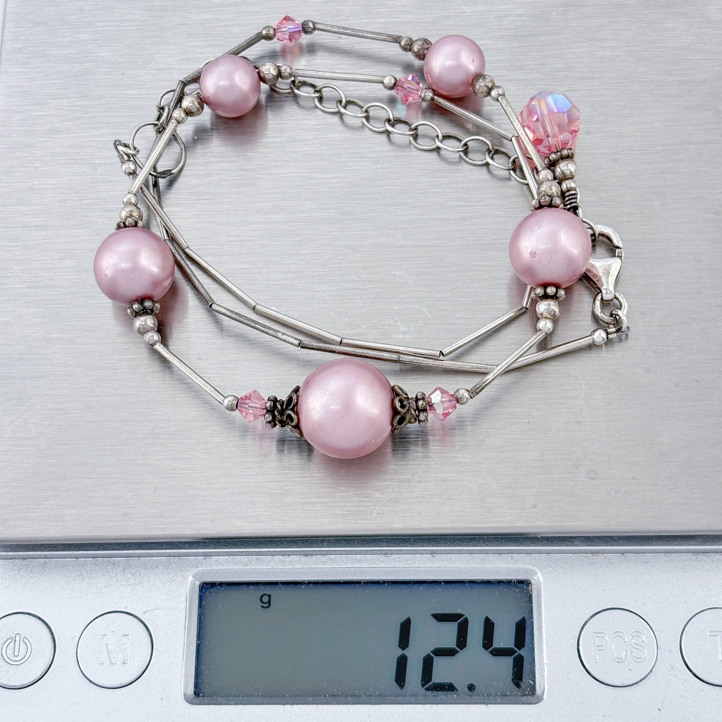 Vintage Sterling Silver 925 Imitation Pink Pearl Crystal Necklace 16"-19"