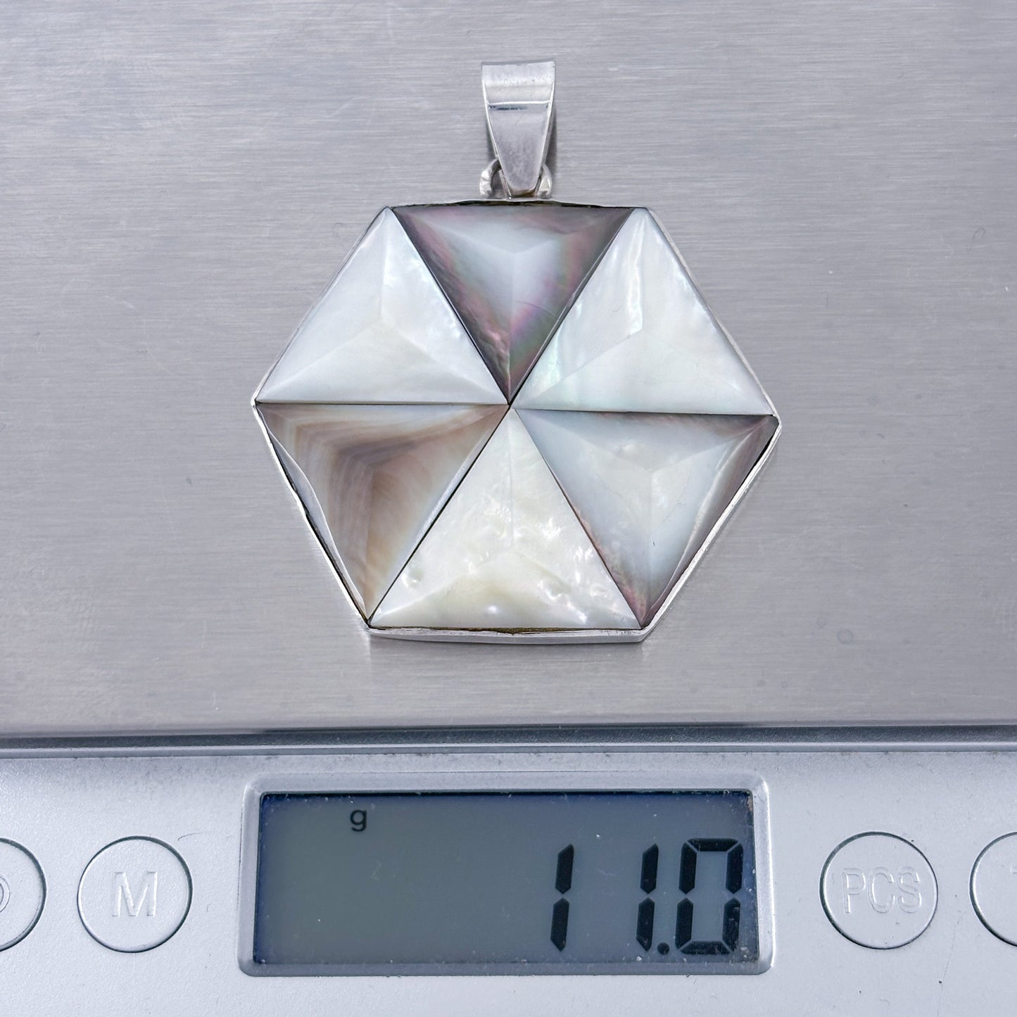 Vintage Sterling Silver 925 Mother of Pearl Hexagon Pendant
