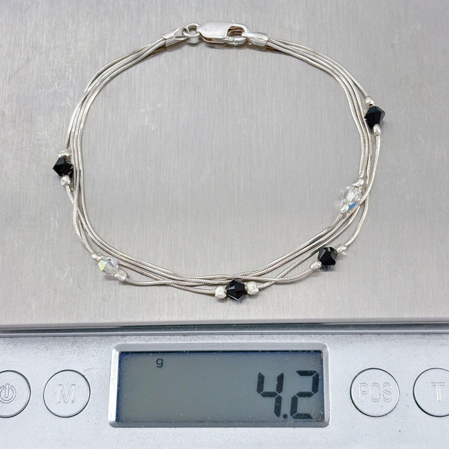 Vintage Sterling Silver 925 Multi Strand Crystal Bead Bracelet 7.25"
