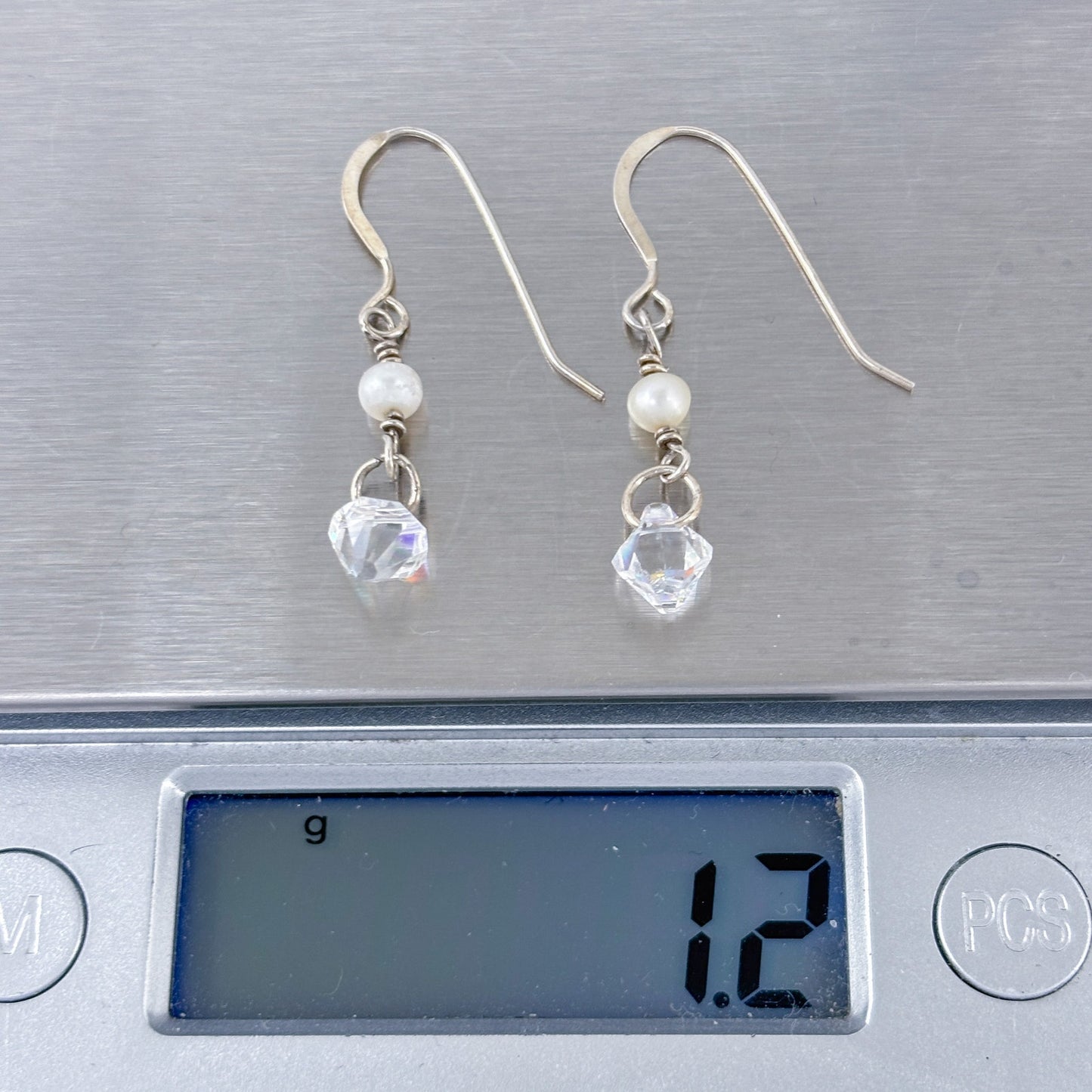 Estate Sterling Silver 925 Pearl Crystal Dangle Earrings