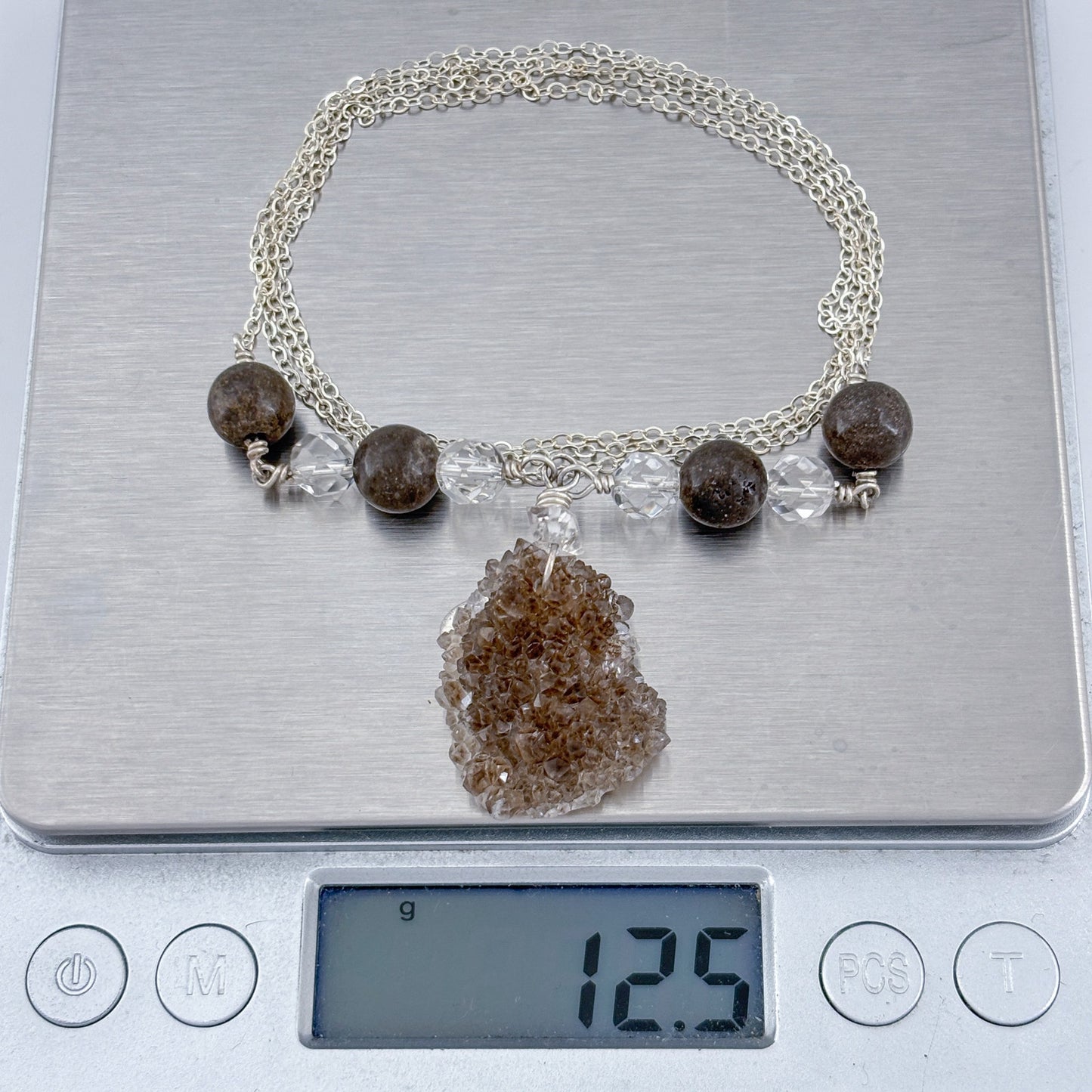 Vintage Deb Guyot Sterling Silver 925 Druzy Smoky Quartz Pendant Necklace 30"