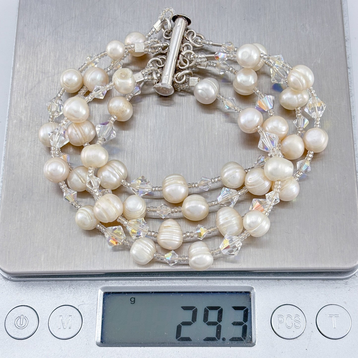 Vintage Sterling Silver 925 Pearl Crystal Bracelet 7.25"