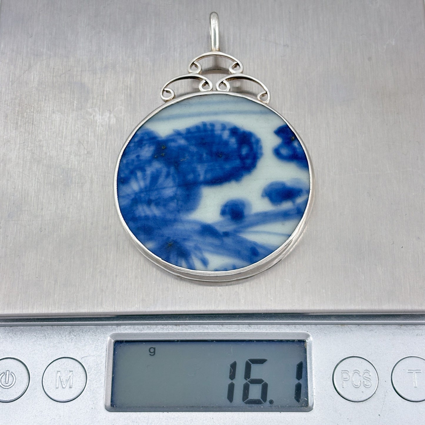 Vintage Sterling Silver 925 Blue White Porcelain Pendant