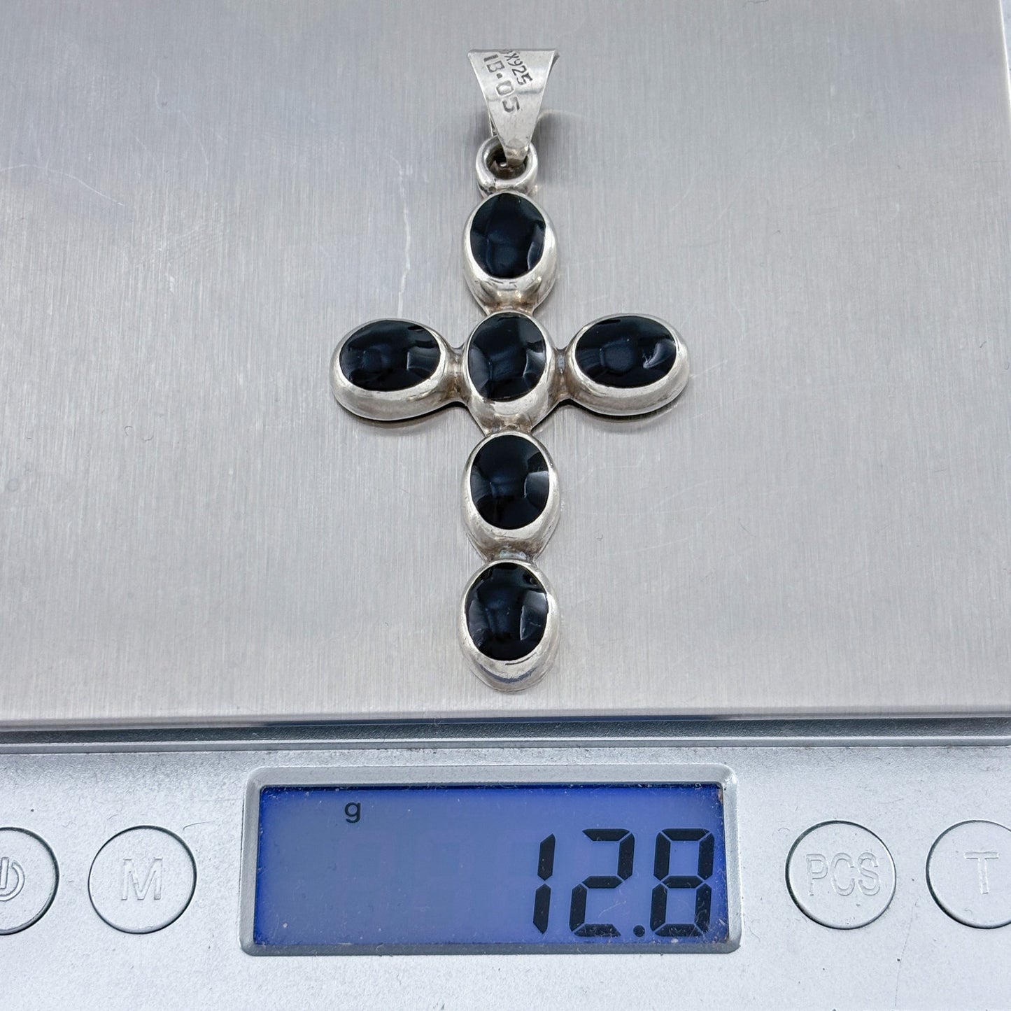 Vintage Mexico Taxco Sterling Silver 925 Onyx Cross Pendant