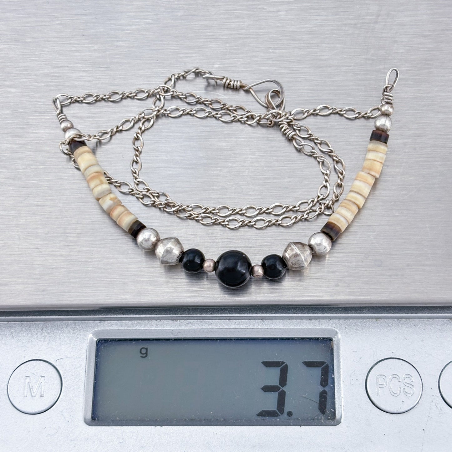 Vintage Sterling Silver 925 Onyx Shell Beaded Heishi Necklace 15.5"