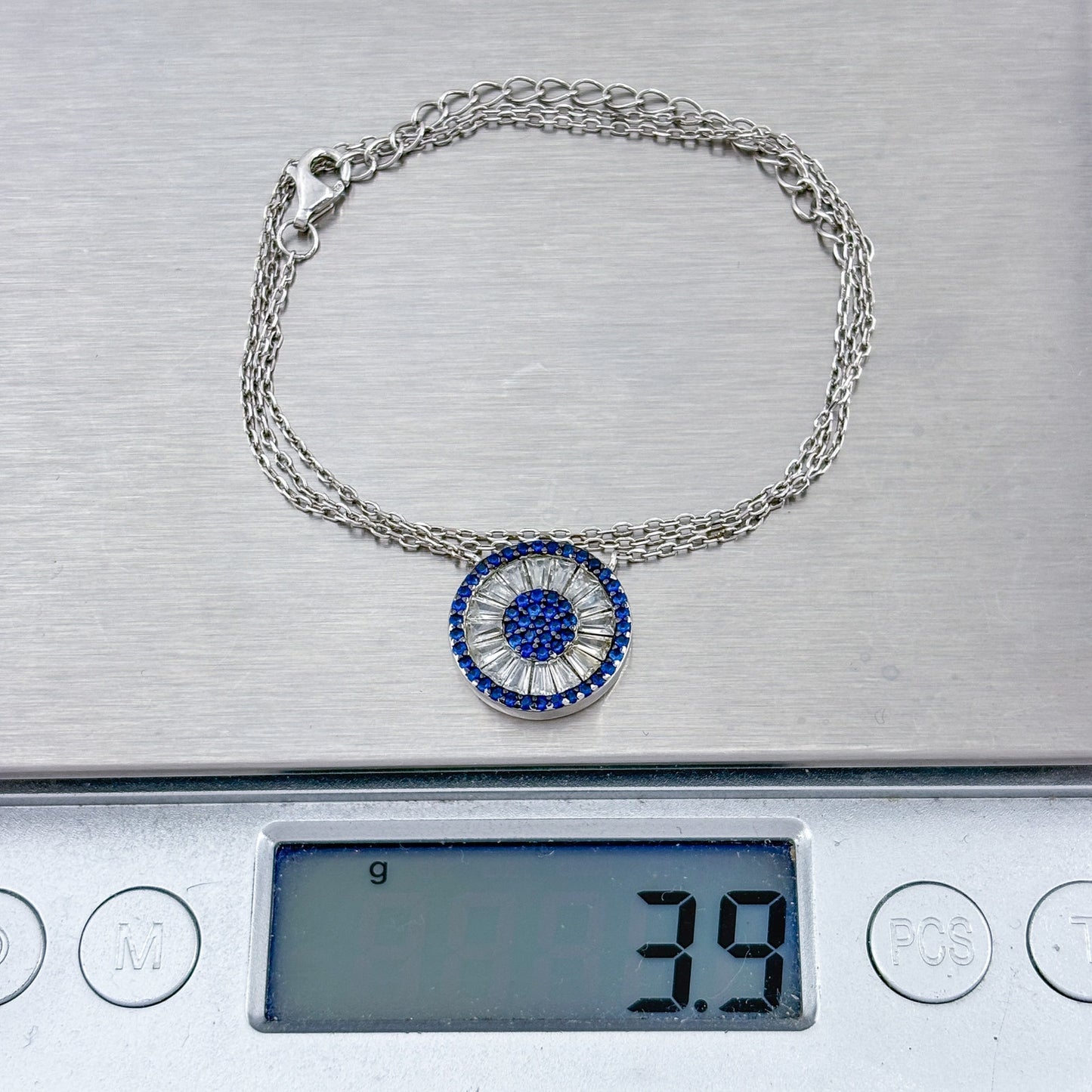 Vintage Sterling Silver Blue Cubic Zirconia Evil Eye Pendant Necklace 16"-18"