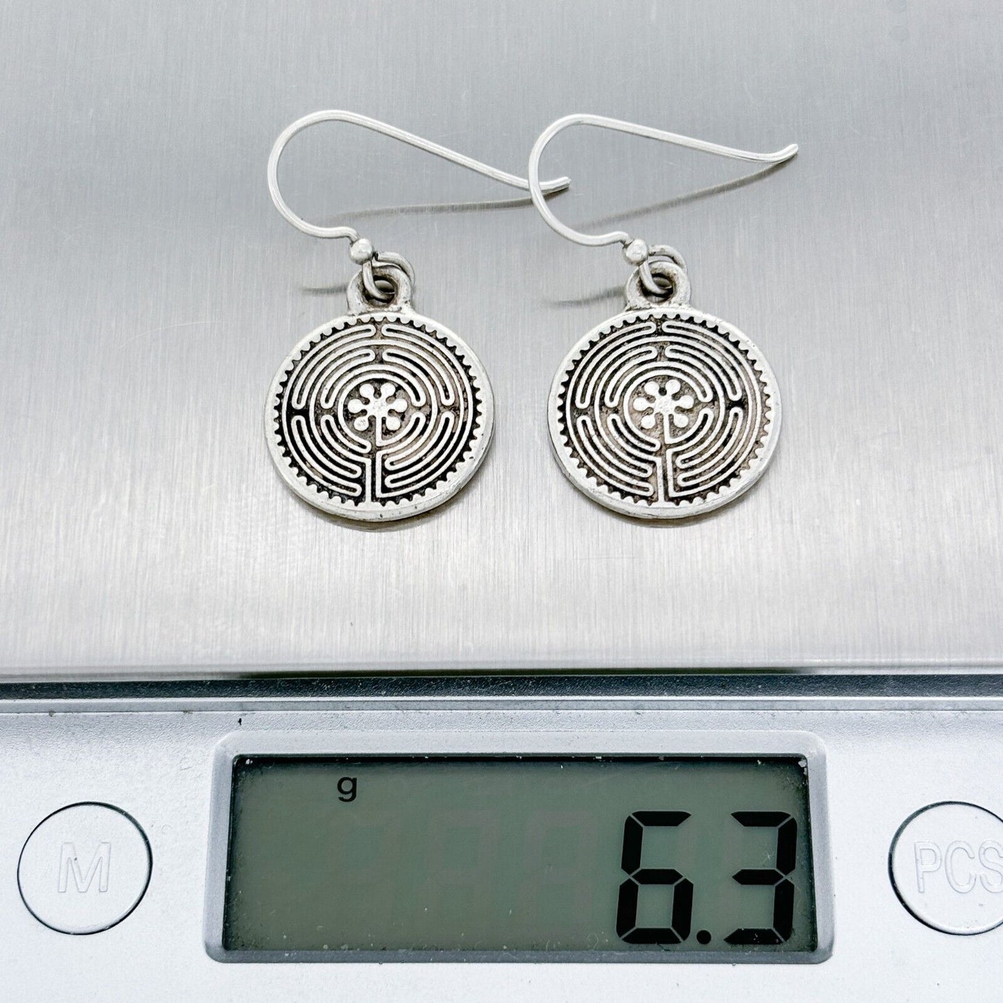 Vintage Silver-Plated Labyrinth Design Dangle Earrings