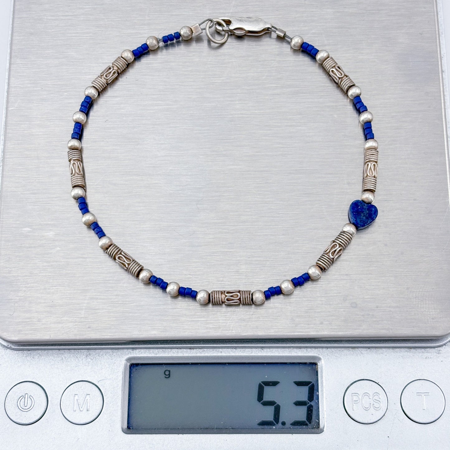 Vintage Sterling Silver 925 Lapis Lazuli Heart Beaded Bracelet 8"