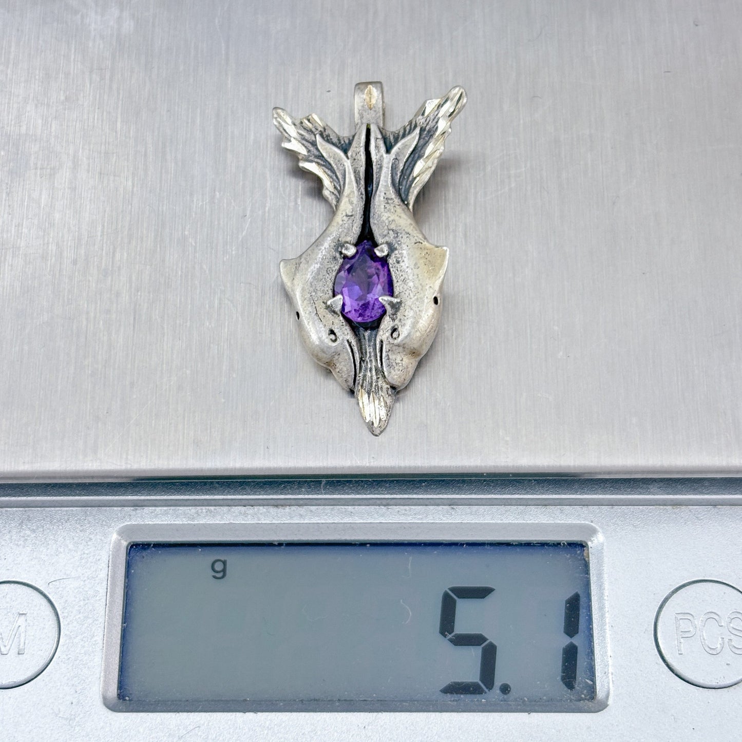 Vintage Sterling Silver 925 Amethyst Twin Dolphin Pendant