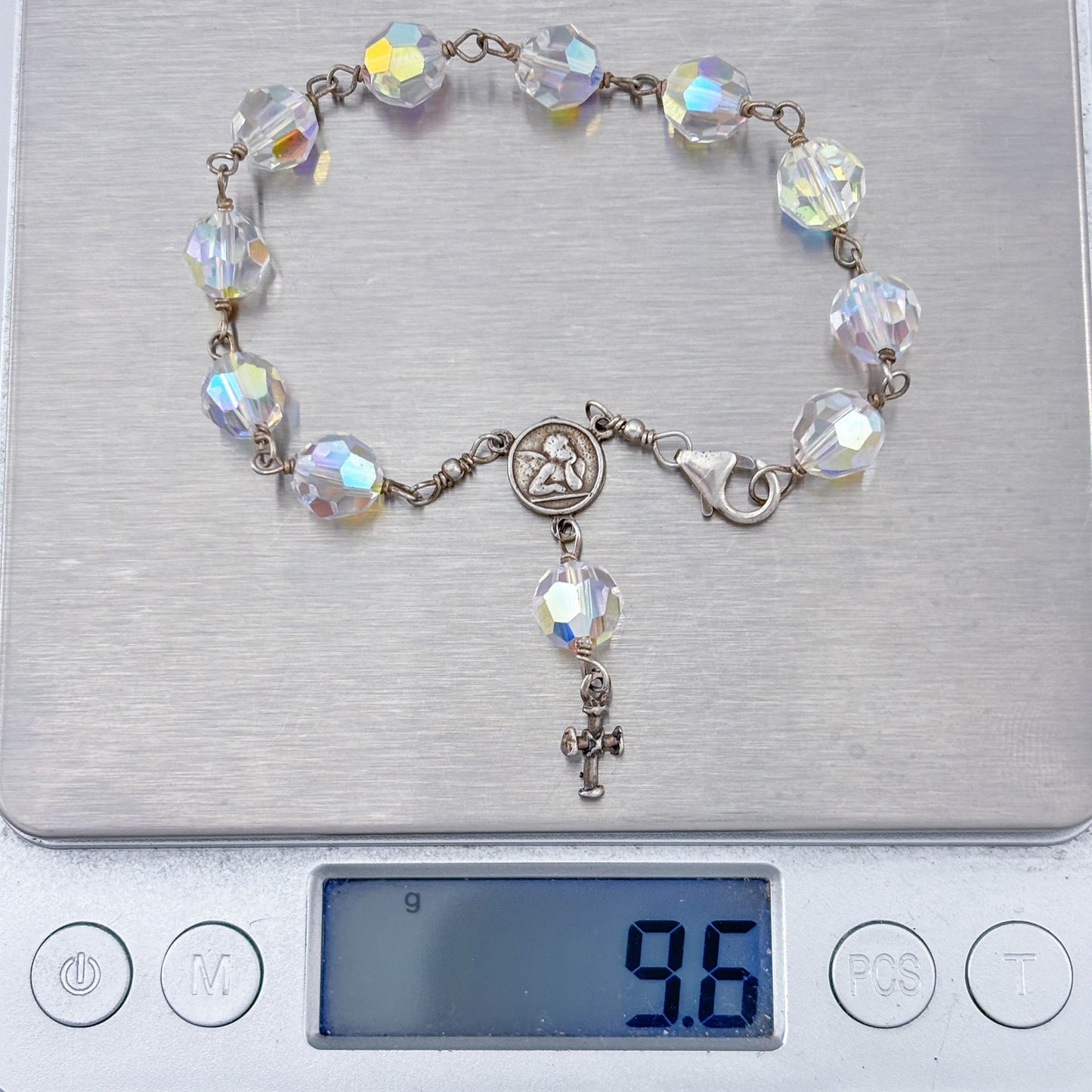 Vintage Sterling Silver 925 Aurora Borealis AB Rosary Bracelet 7.25"