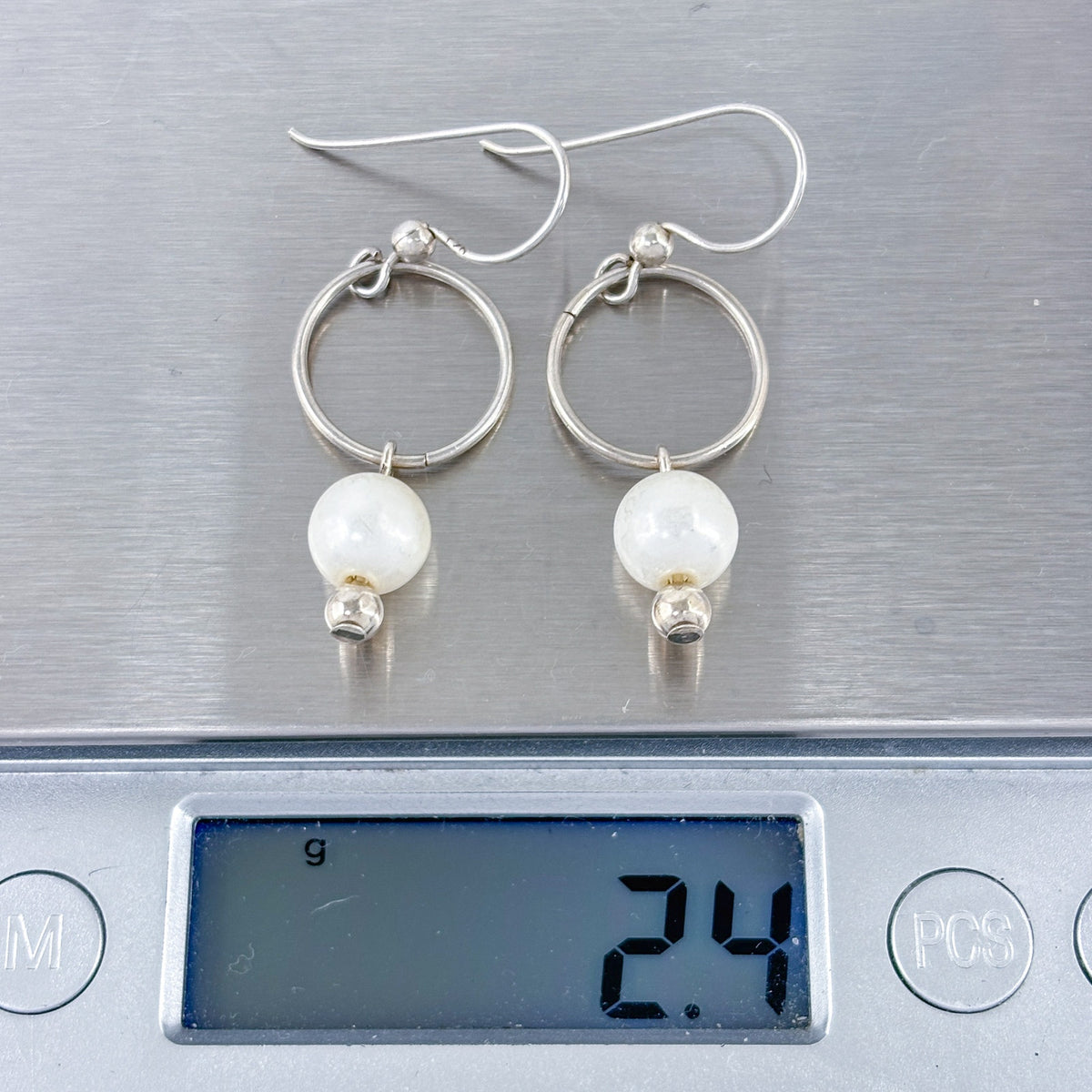 Vintage Sterling Silver 925 Imitation Pearl & Bead Hoop Dangle Earrings