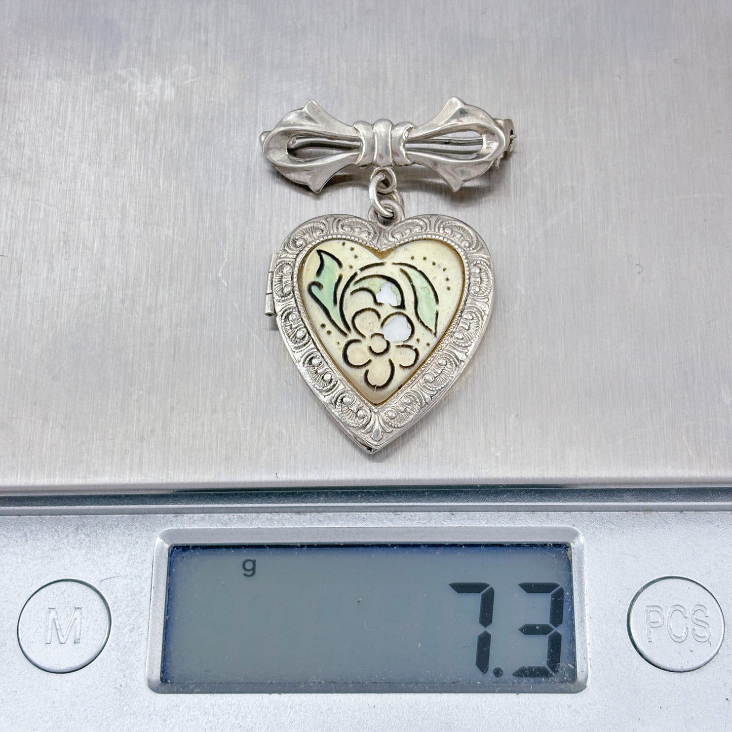Vintage Sterling Silver 925 Floral Mother of Pearl Heart Locket Brooch