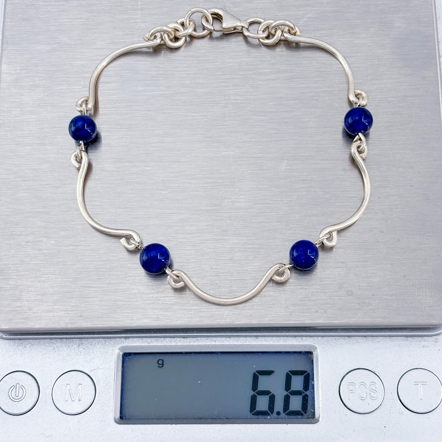 Vintage Sterling Silver 925 Blue Glass Bead Wavy Bracelet 7"-7.5"