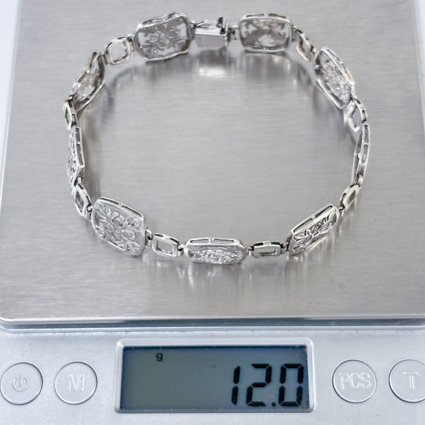 Vintage Sterling Silver 925 Floral Pineapple Link Bracelet 8"