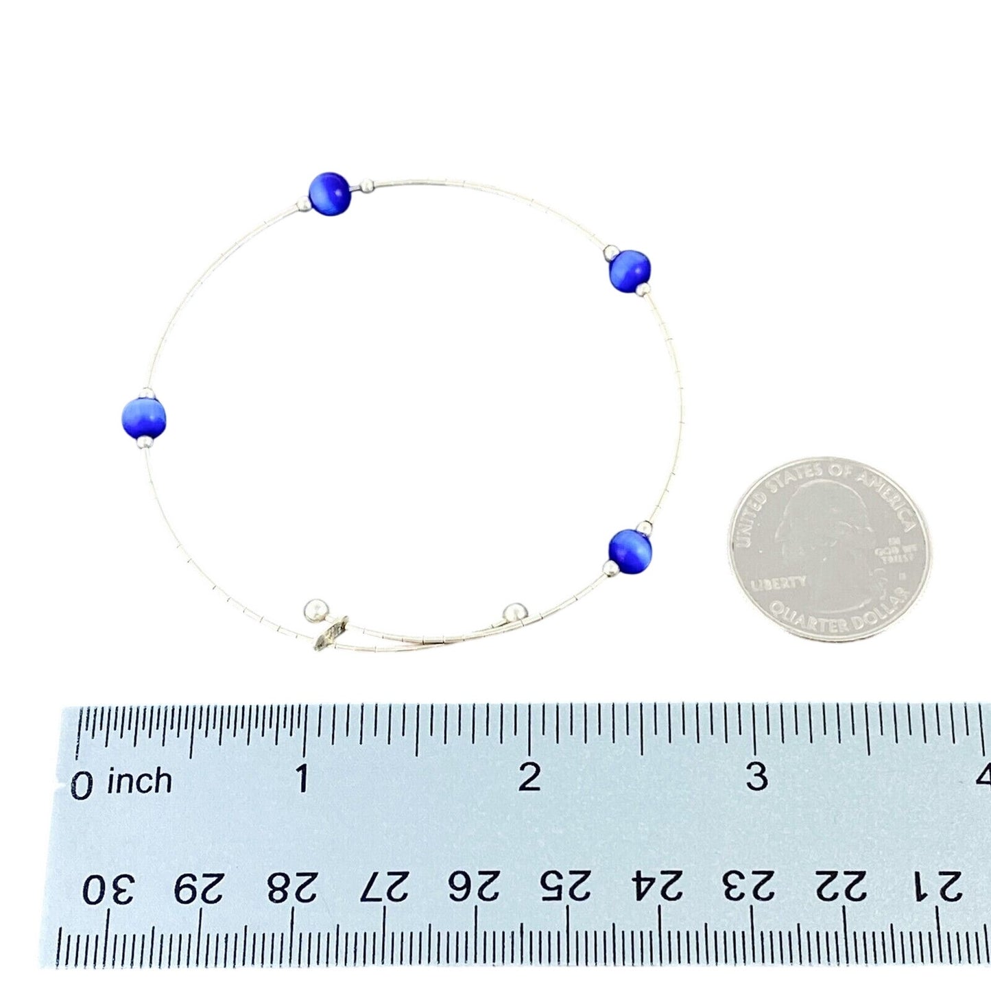 Vintage Sterling Silver 925 Blue Cat’s Eye Memory Wire Bracelet 7.5"