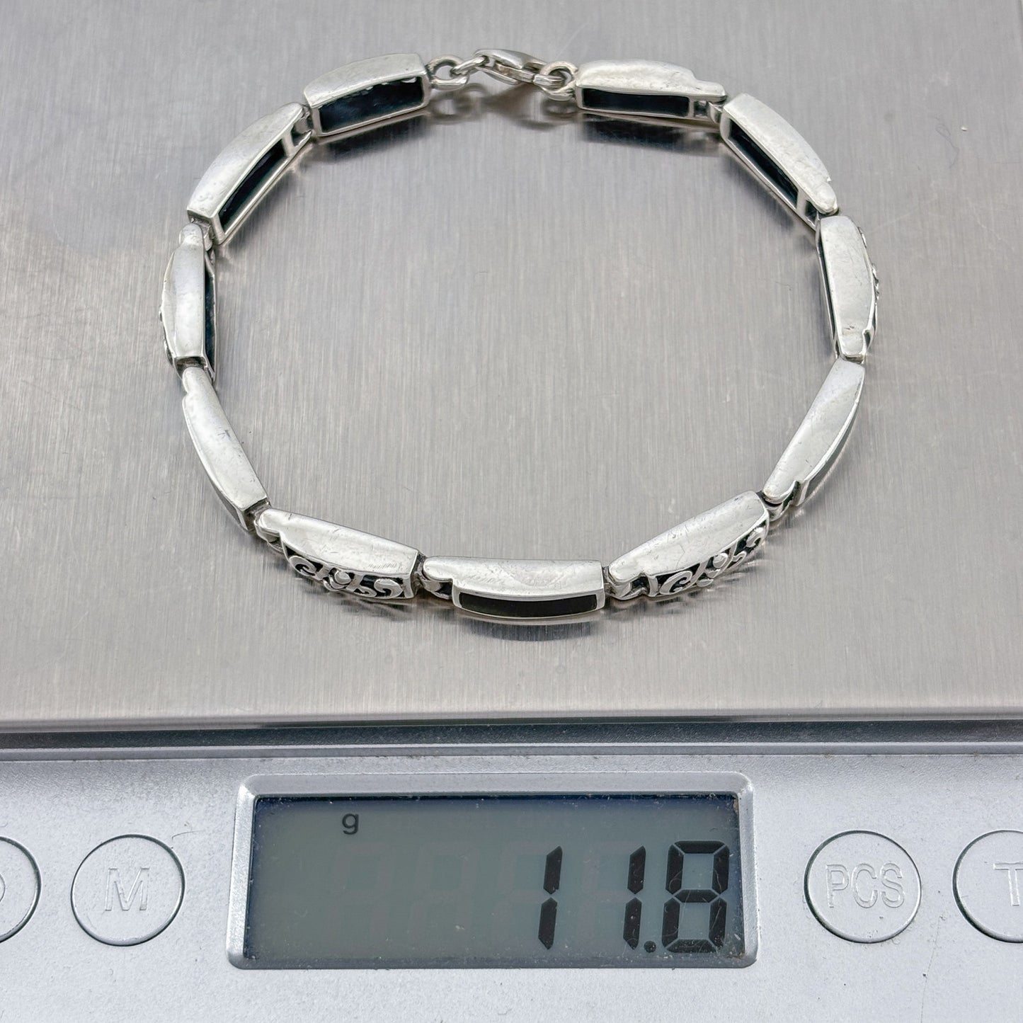 Vintage Sterling Silver 925 Black Onyx Inlay Link Bracelet 7"
