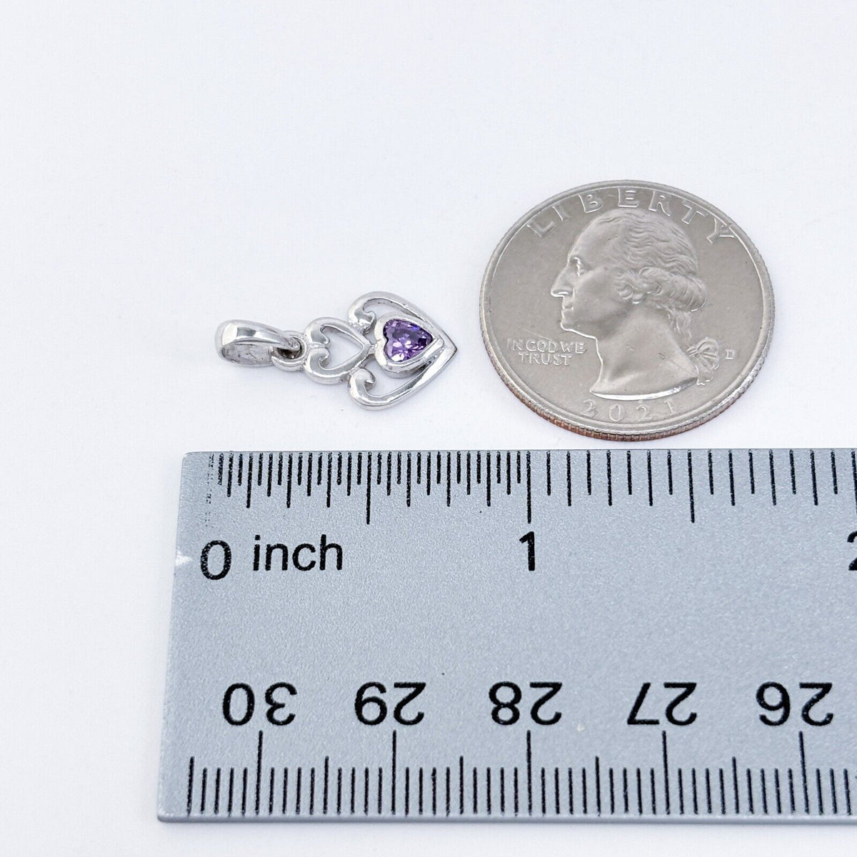 Vintage Sterling Silver 925 Double Heart Purple Cubic Zirconia Pendant