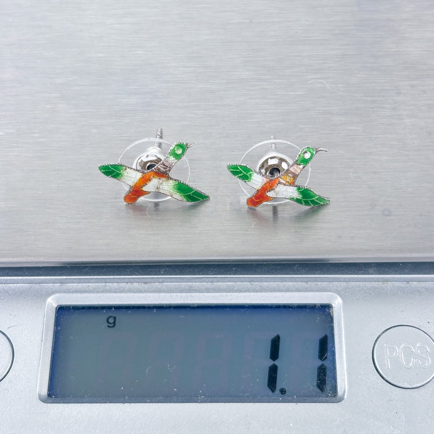Vintage Sterling Silver 925 Flying Duck Enamel Stud Earrings