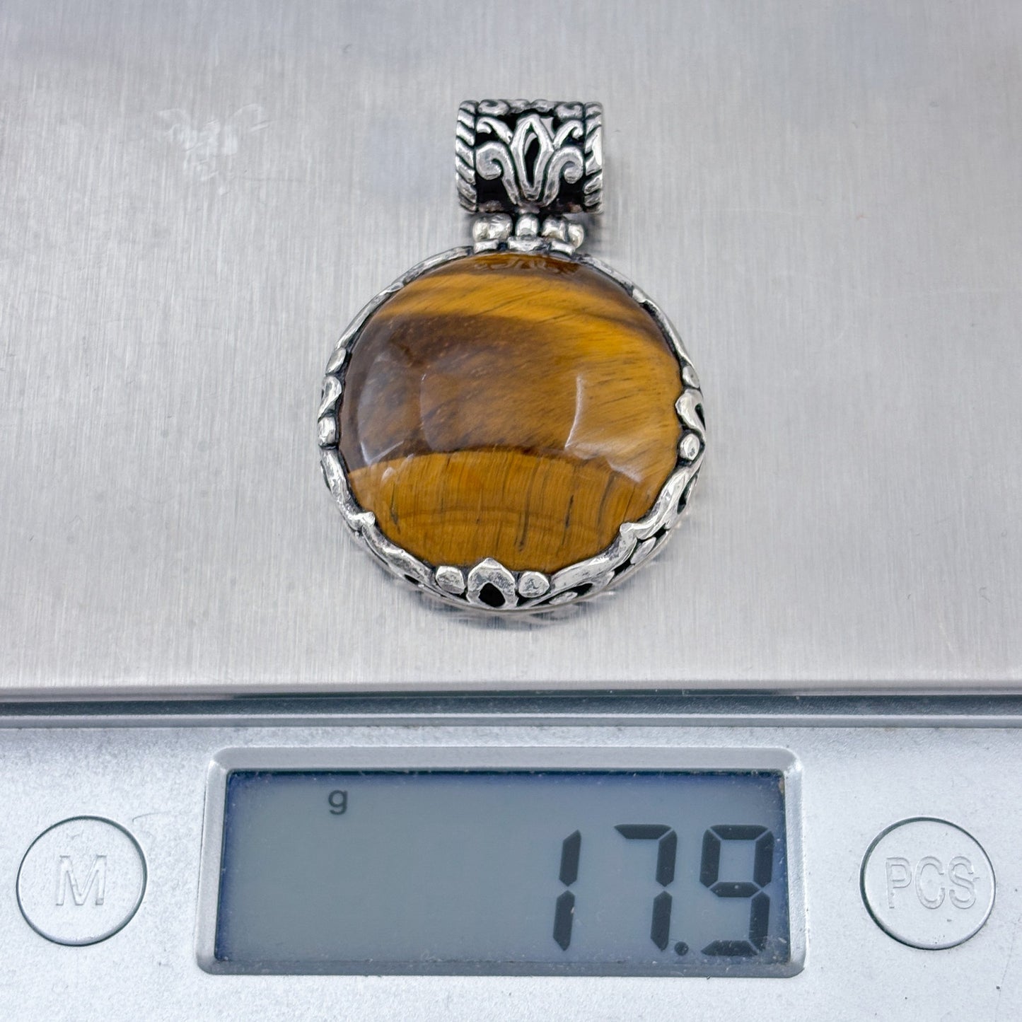 Vintage Sterling Silver 925 Scrollwork Tiger Eye Pendant