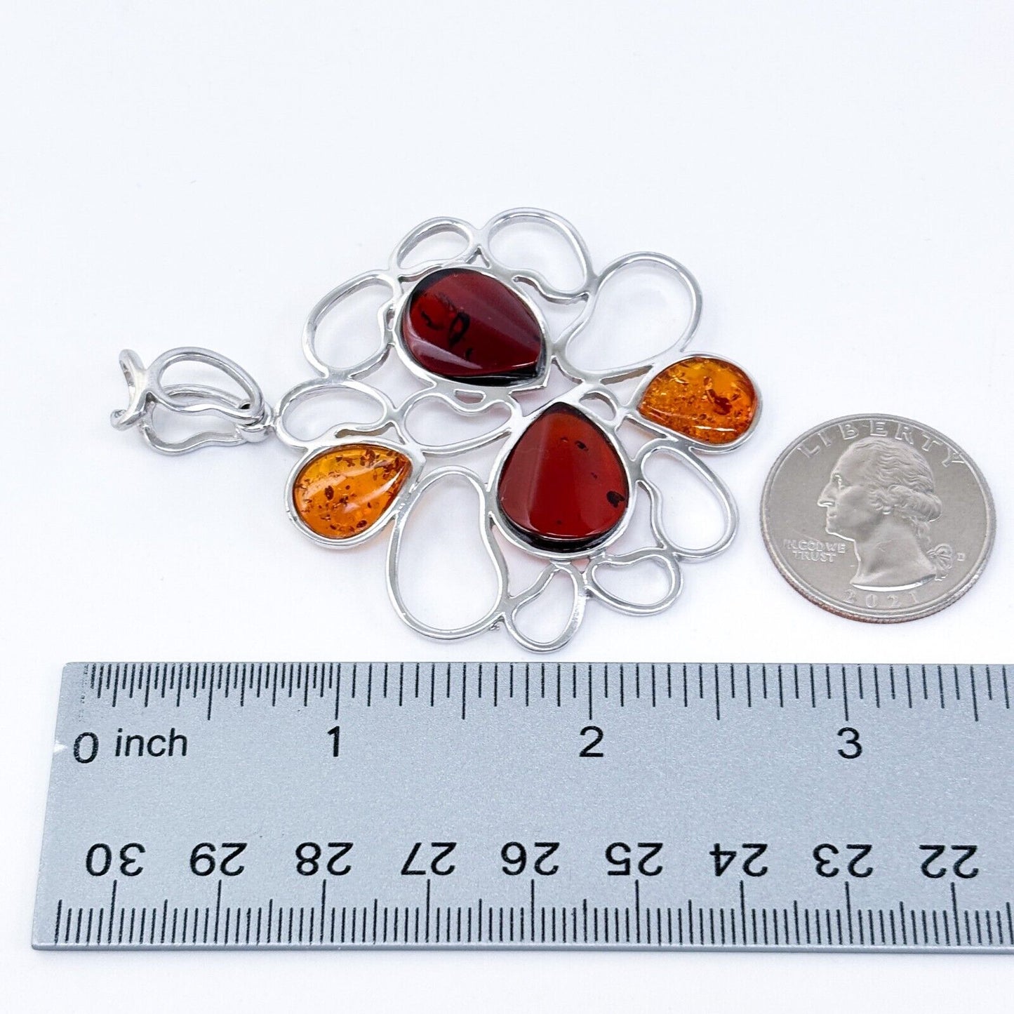 Vintage SML Sterling Silver 925 7cm Multi-Tone Amber Teardrop Pendant