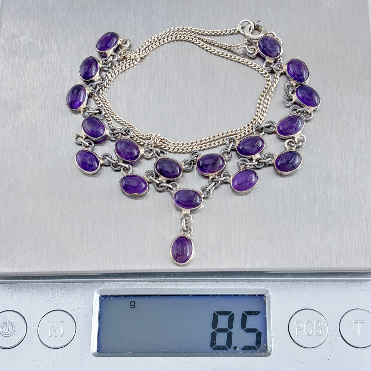 Vintage Sterling Silver 925 Amethyst Layered Bib Necklace Pendant 17"