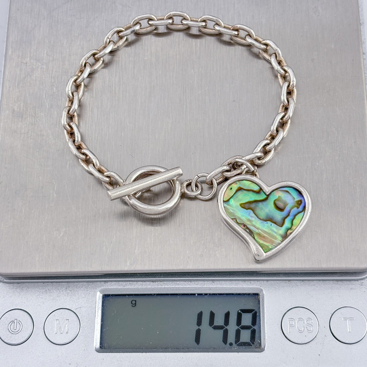 Vintage Sterling Silver 925 Abalone Heart Charm Bracelet 7"
