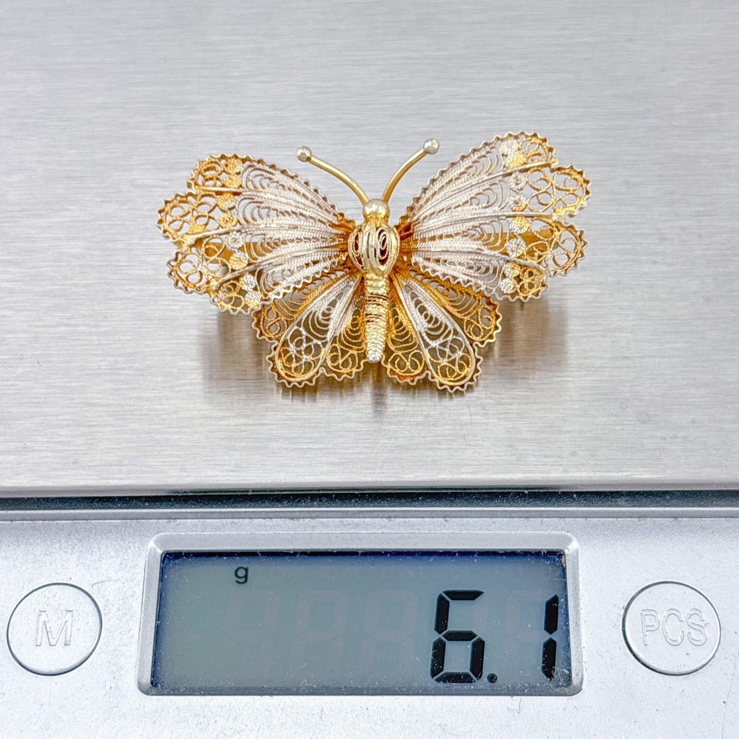 Vintage Sterling Silver 950 Gilt Filigree Butterfly Brooch