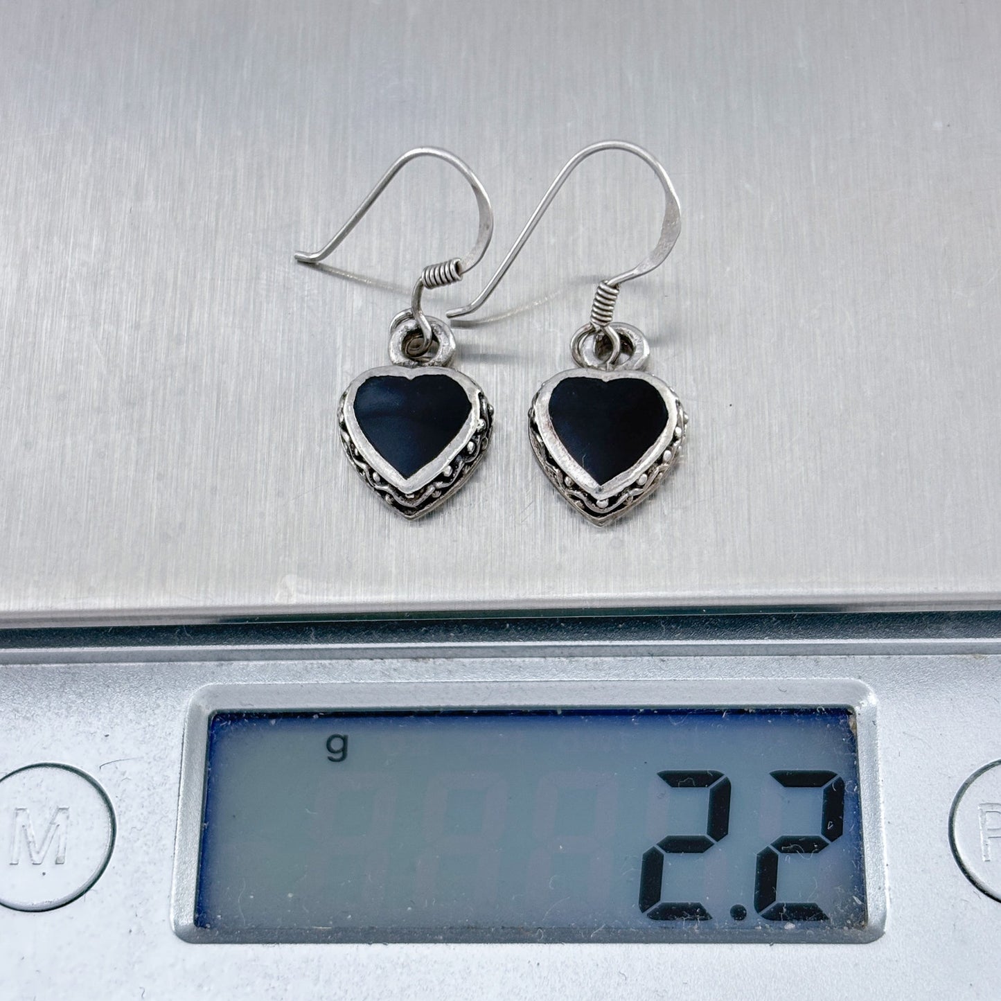 Vintage Sterling Silver 925 Black Onyx Heart Dangle Earrings