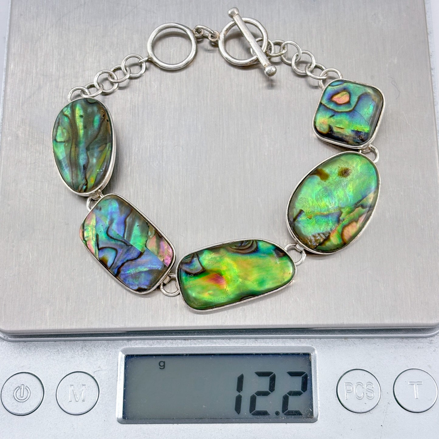 Vintage Sterling Silver 925 Abalone Link Bracelet 7”-7.75”