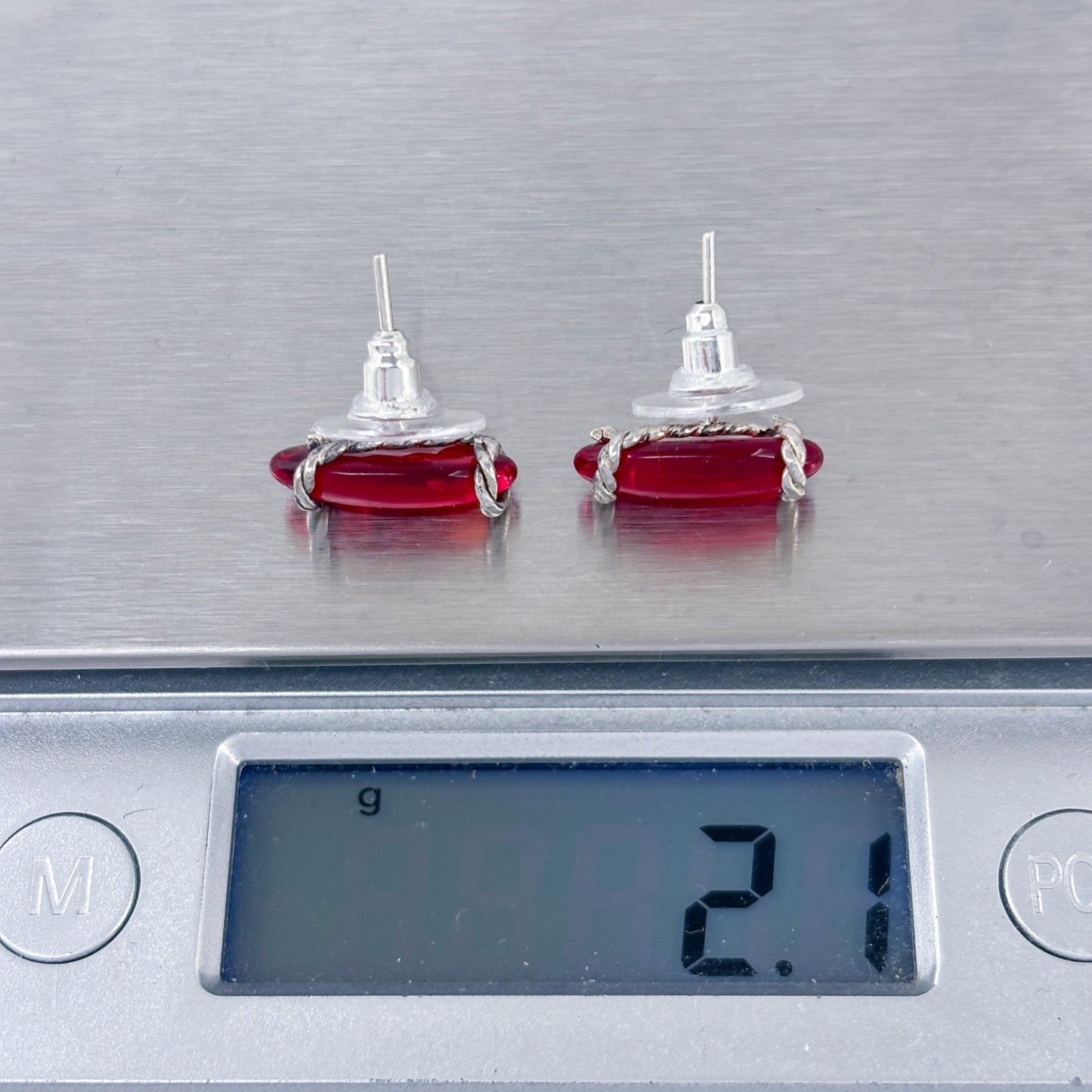 Vintage Sterling Silver 925 Red Resin Marquise Stud Earrings
