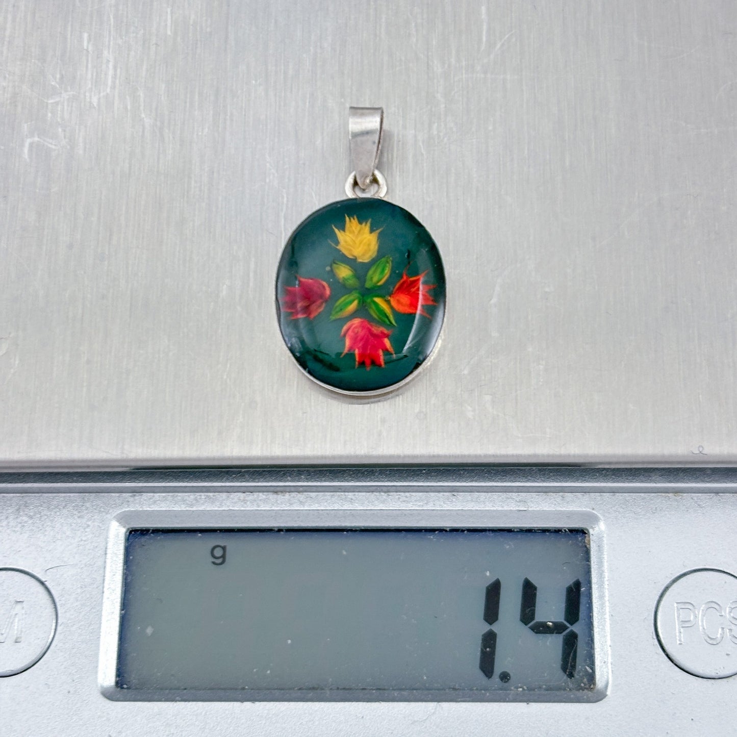 Vintage Sterling Silver 925 Hand Painted Flower Pendant