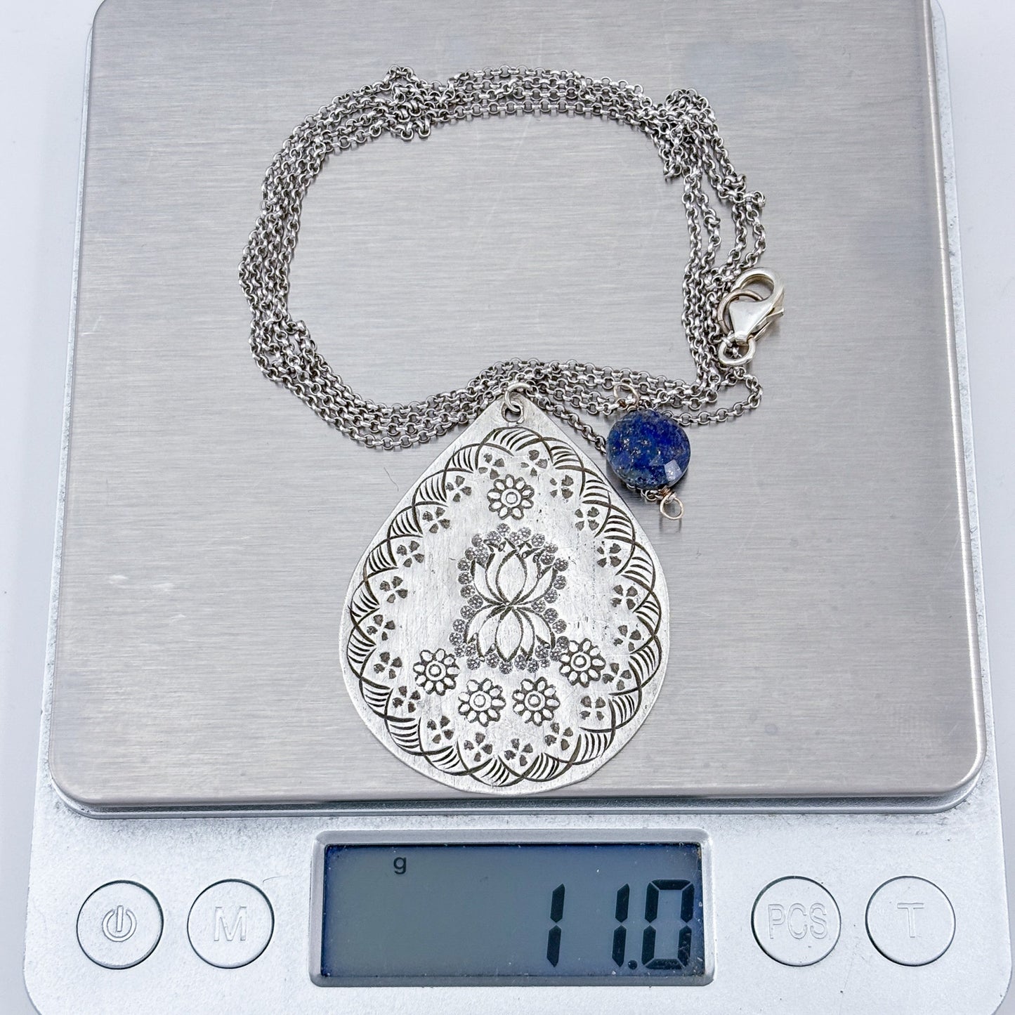 Vintage Sterling Silver 925 Lapis Lazuli Lotus Pendant Necklace 34"