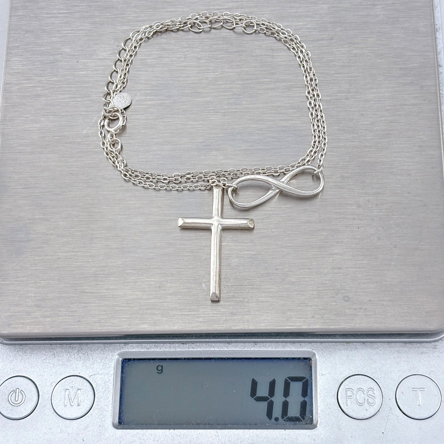 Vintage Sterling Silver 925 Infinity Cross Pendant Necklace 16.5"-18.5"