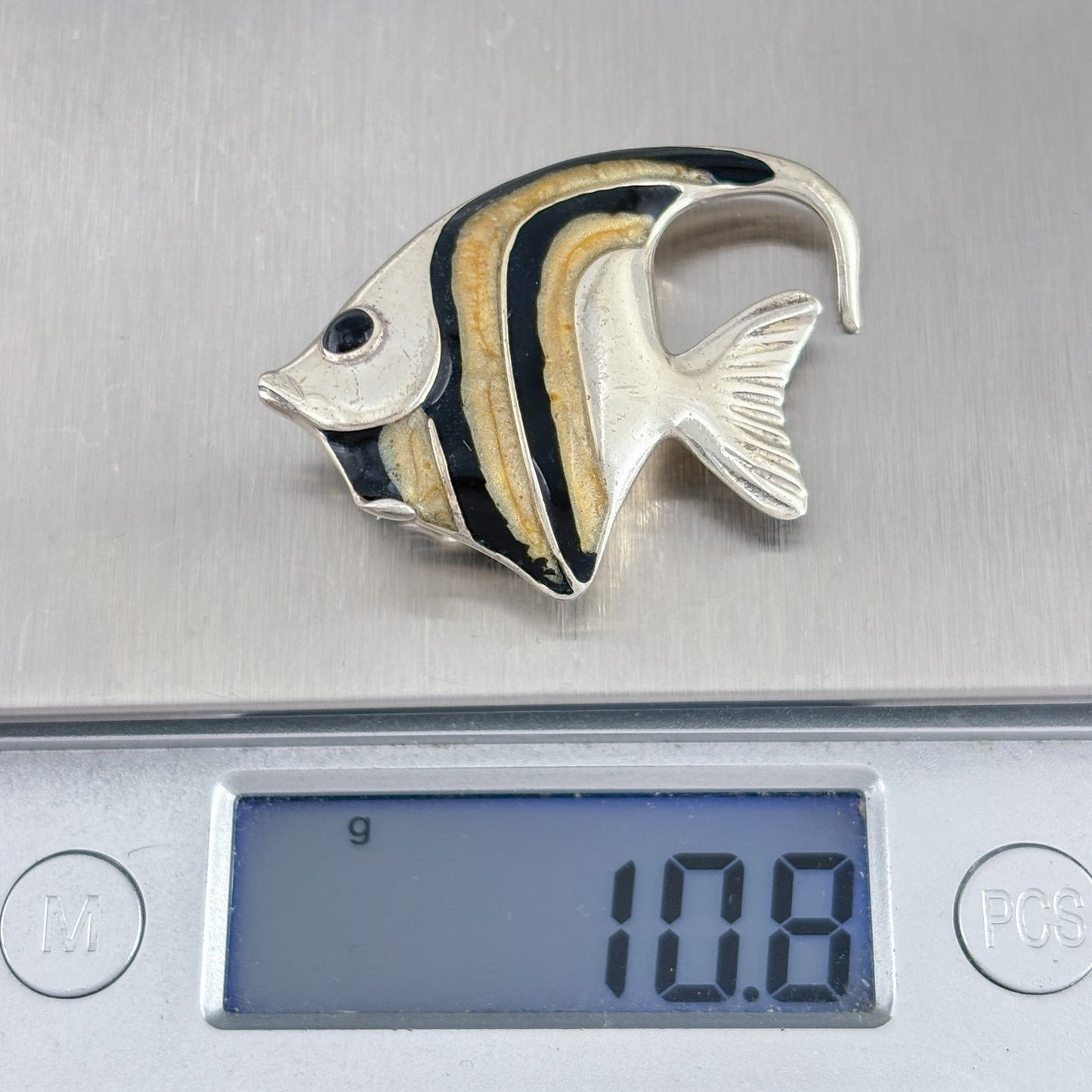Vintage Sterling Silver 925 Enamel Fish Onyx Eye Brooch