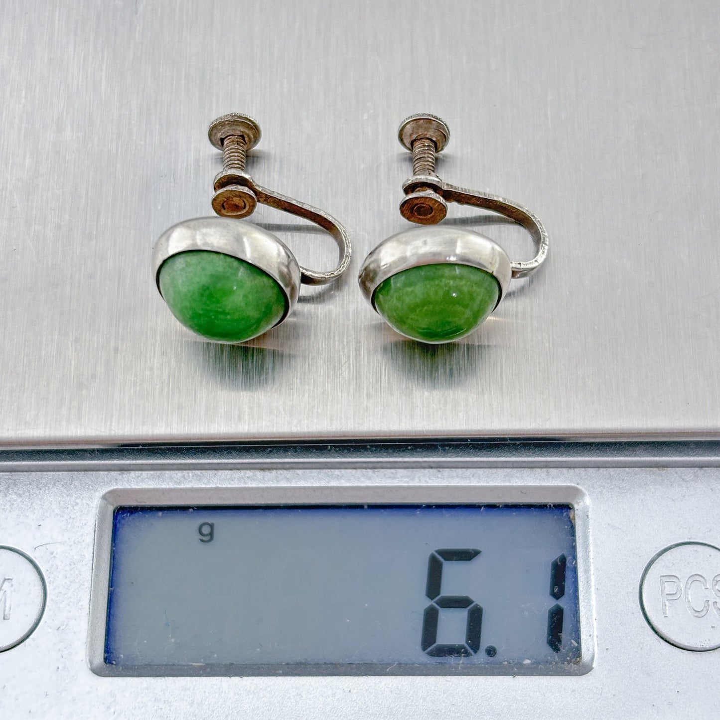 Vintage Sterling Silver 925 Nephrite Round Screw-back Earrings