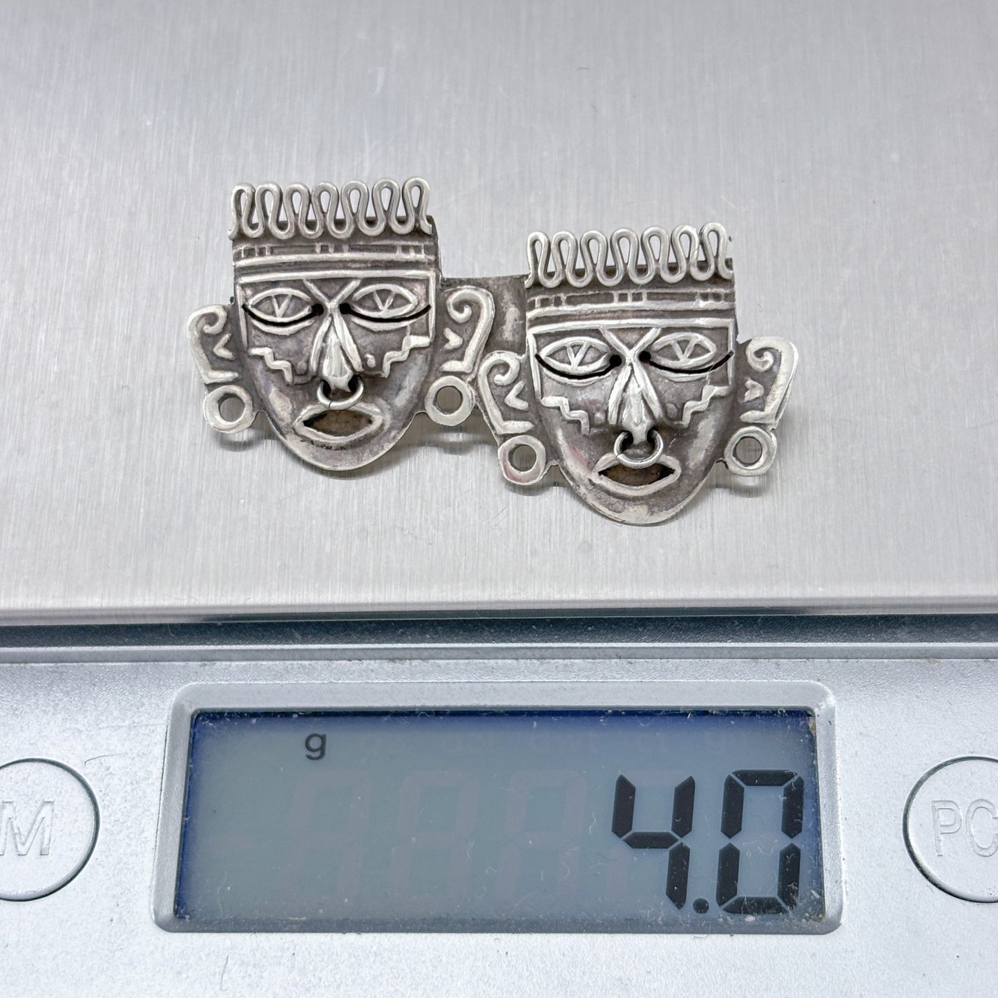 Vintage Sterling Silver 925 Mexico Dual Aztec Mask Brooch